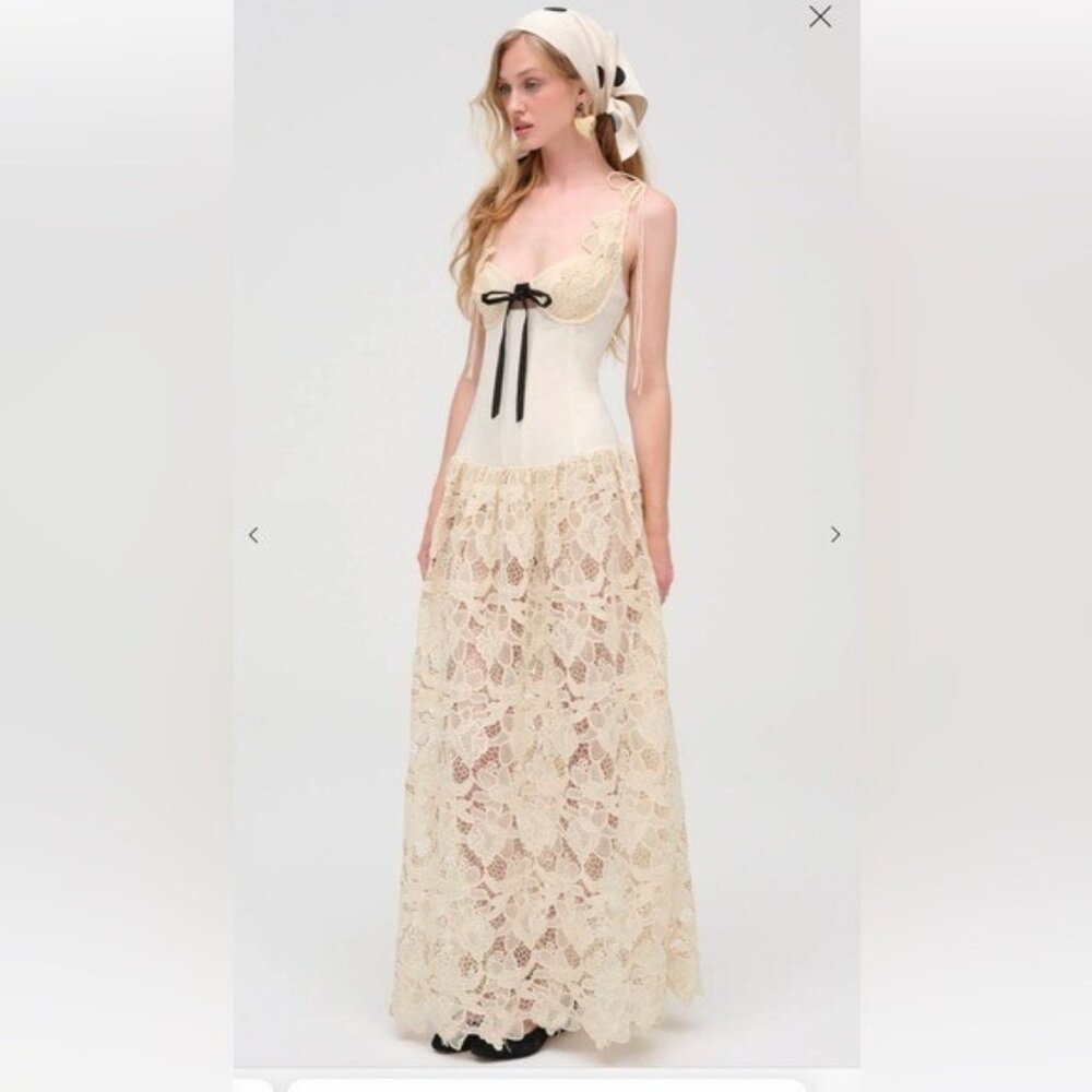 For Love And Lemons Cream Lace Maxi Dress with Black Bow